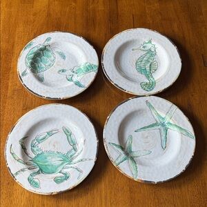 Spring ocean sea horse Melamine Plates Set of 4 Turtle & Crab 9” salad dessert